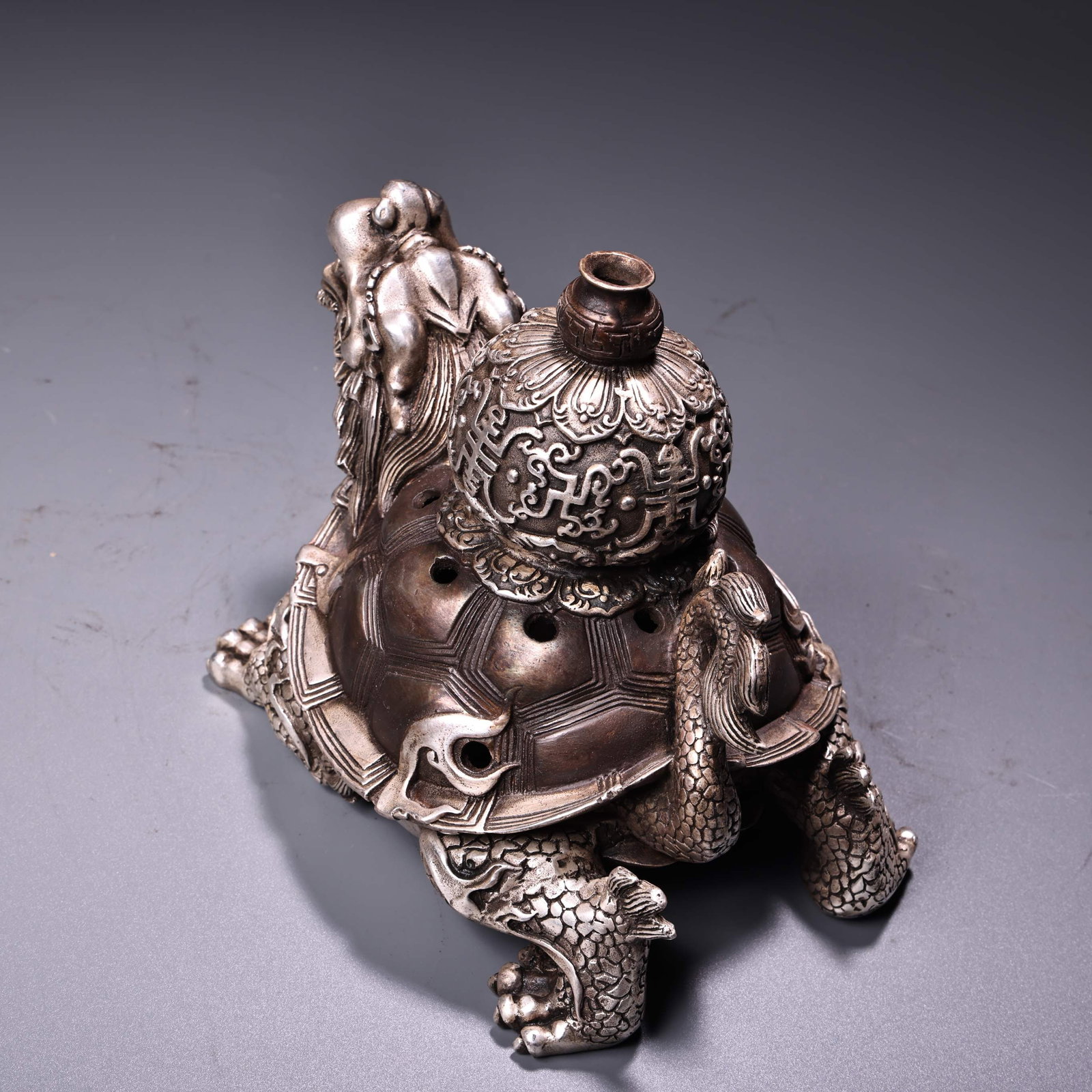 Old White Copper Dragon Turtle Incense Burner - 11
