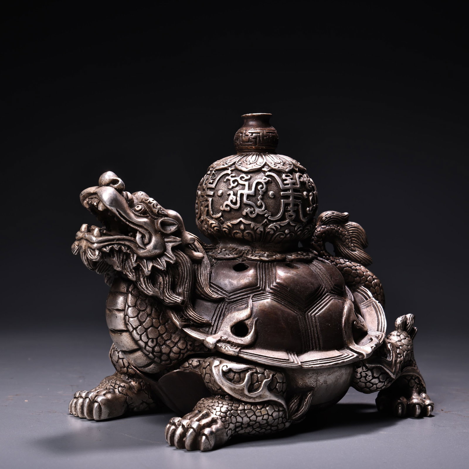 Old White Copper Dragon Turtle Incense Burner - 2
