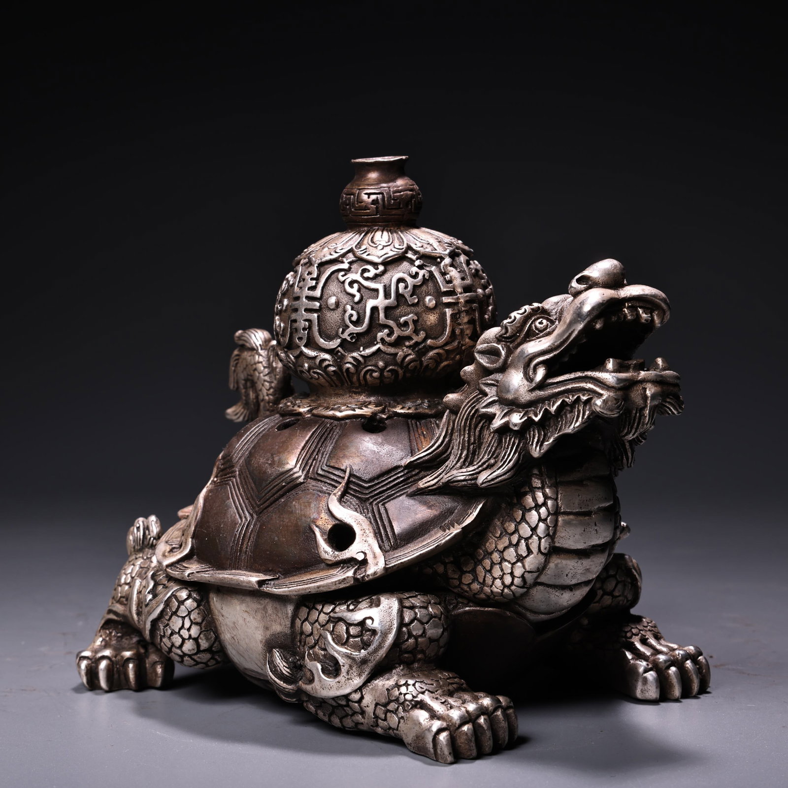 Old White Copper Dragon Turtle Incense Burner - 3