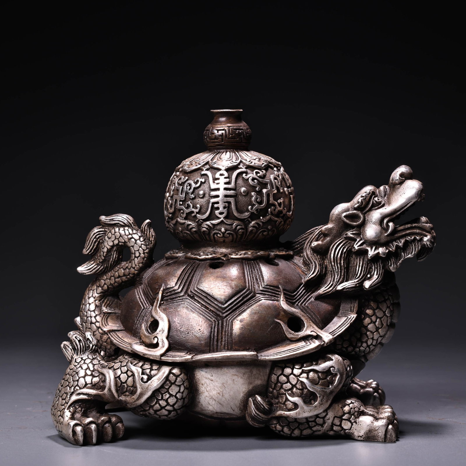 Old White Copper Dragon Turtle Incense Burner - 6