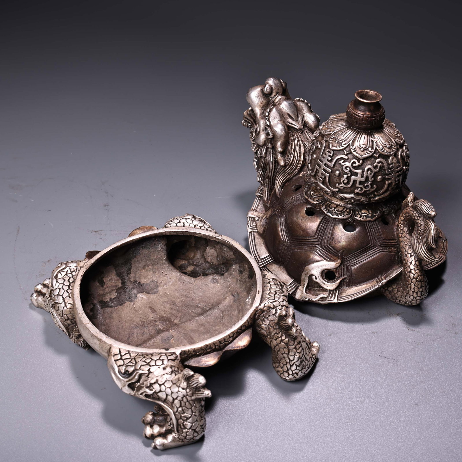 Old White Copper Dragon Turtle Incense Burner - 8