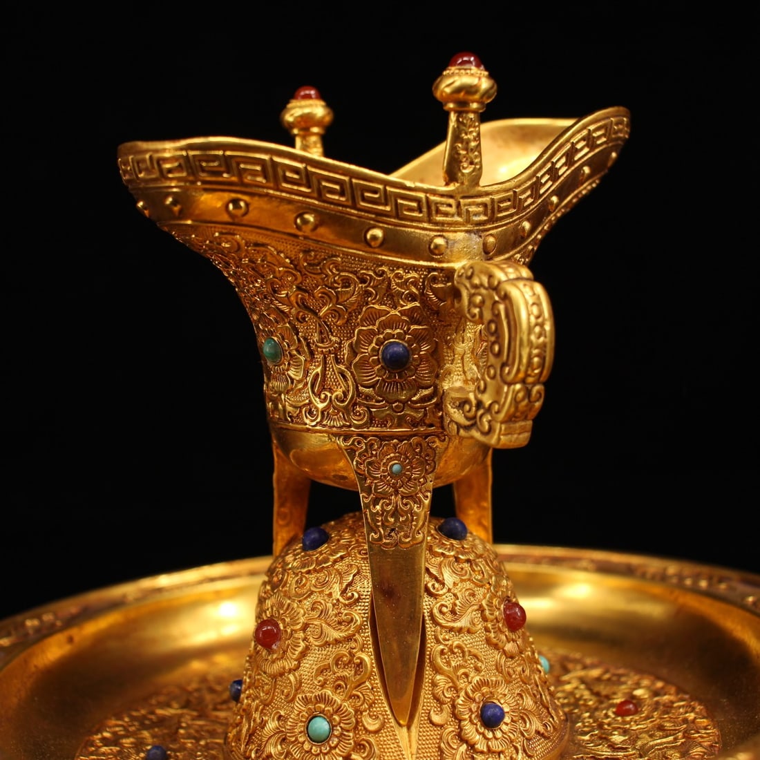 Old Gilt Gold Bronze Inlay Gem Wine Cup - 2