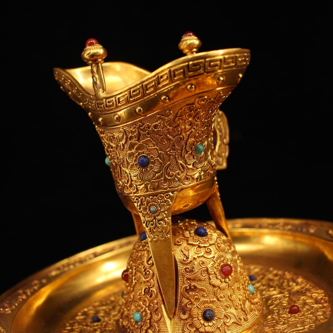 Old Gilt Gold Bronze Inlay Gem Wine Cup - 3