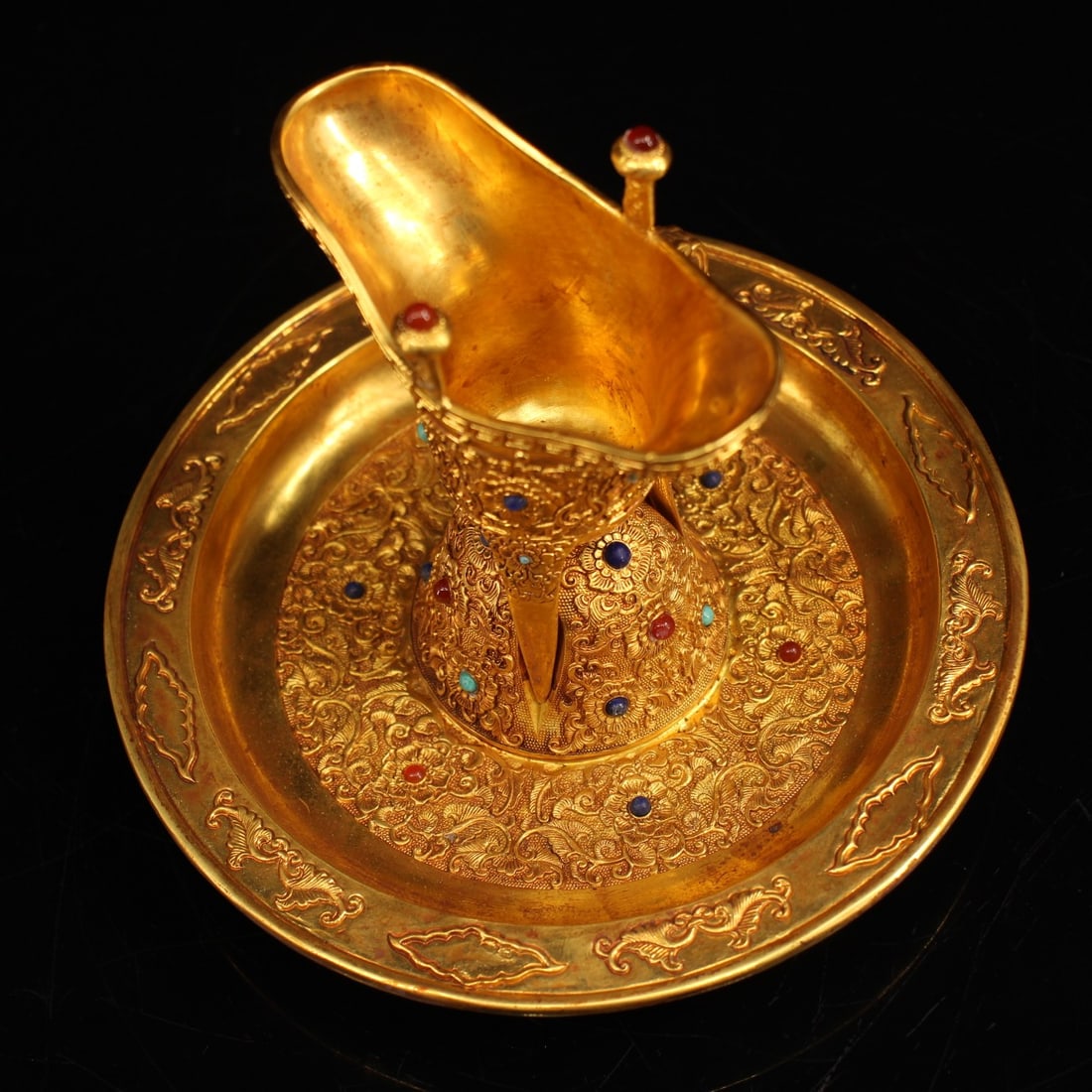 Old Gilt Gold Bronze Inlay Gem Wine Cup - 4