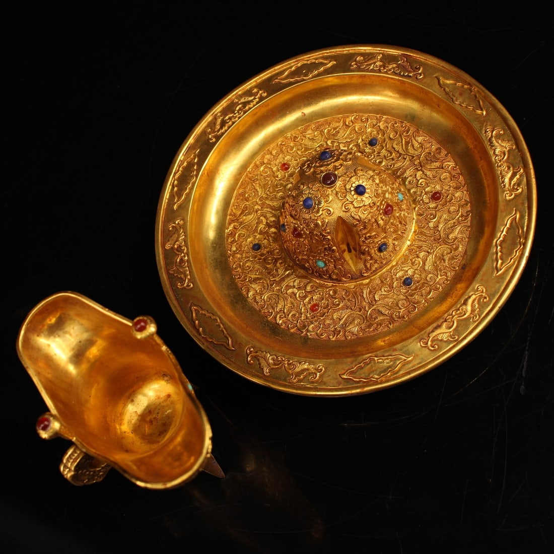 Old Gilt Gold Bronze Inlay Gem Wine Cup - 5