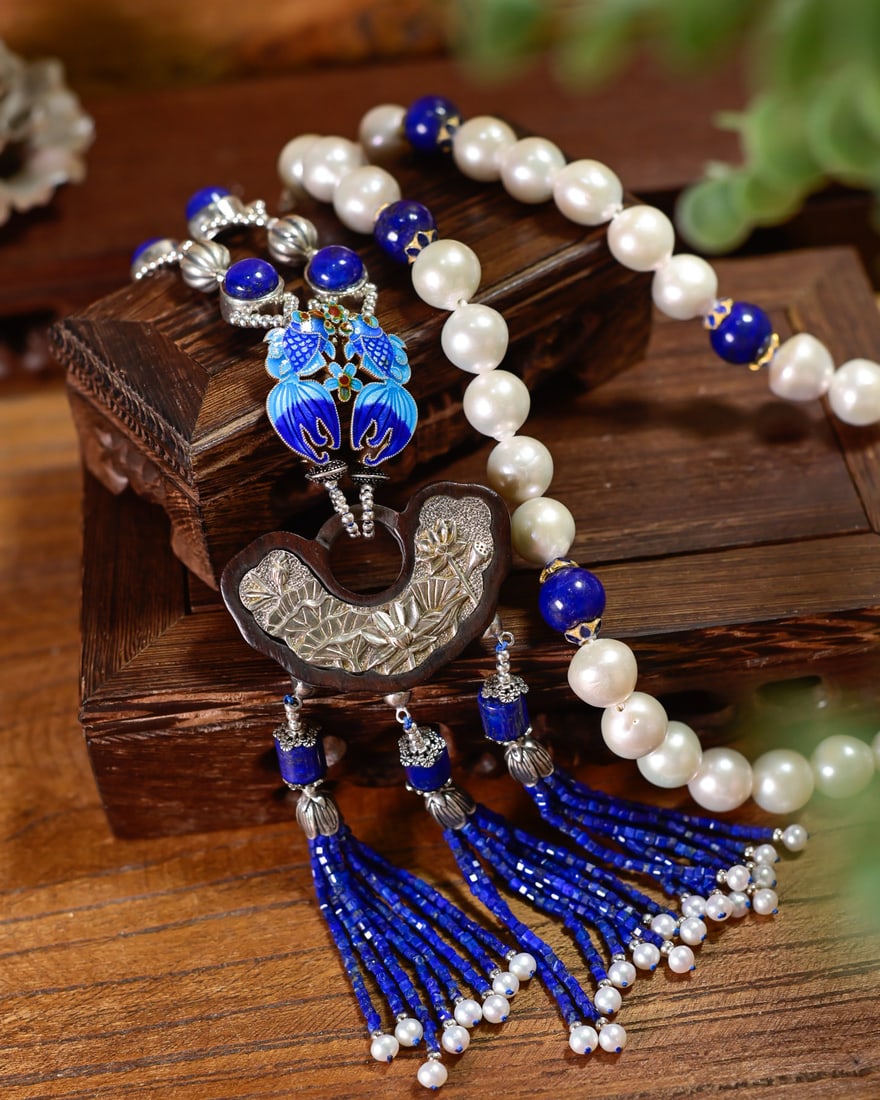 Silver Inlay Wood Ruyi Pendant & Lapis Lazuli Pearl Silver Necklace - 2