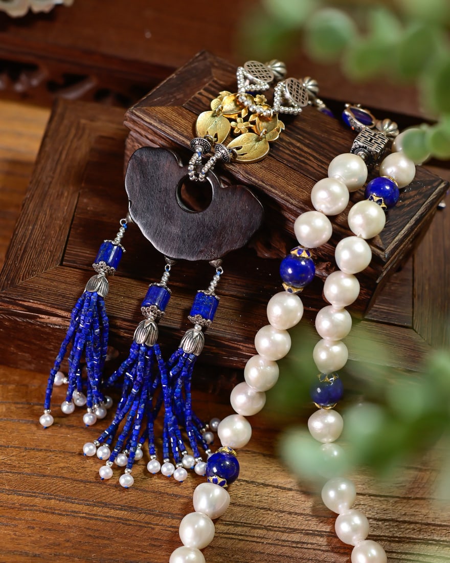 Silver Inlay Wood Ruyi Pendant & Lapis Lazuli Pearl Silver Necklace - 3
