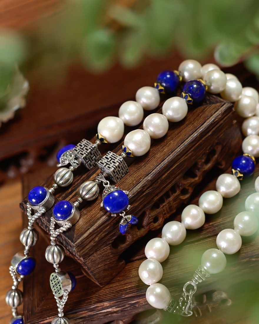 Silver Inlay Wood Ruyi Pendant & Lapis Lazuli Pearl Silver Necklace - 4