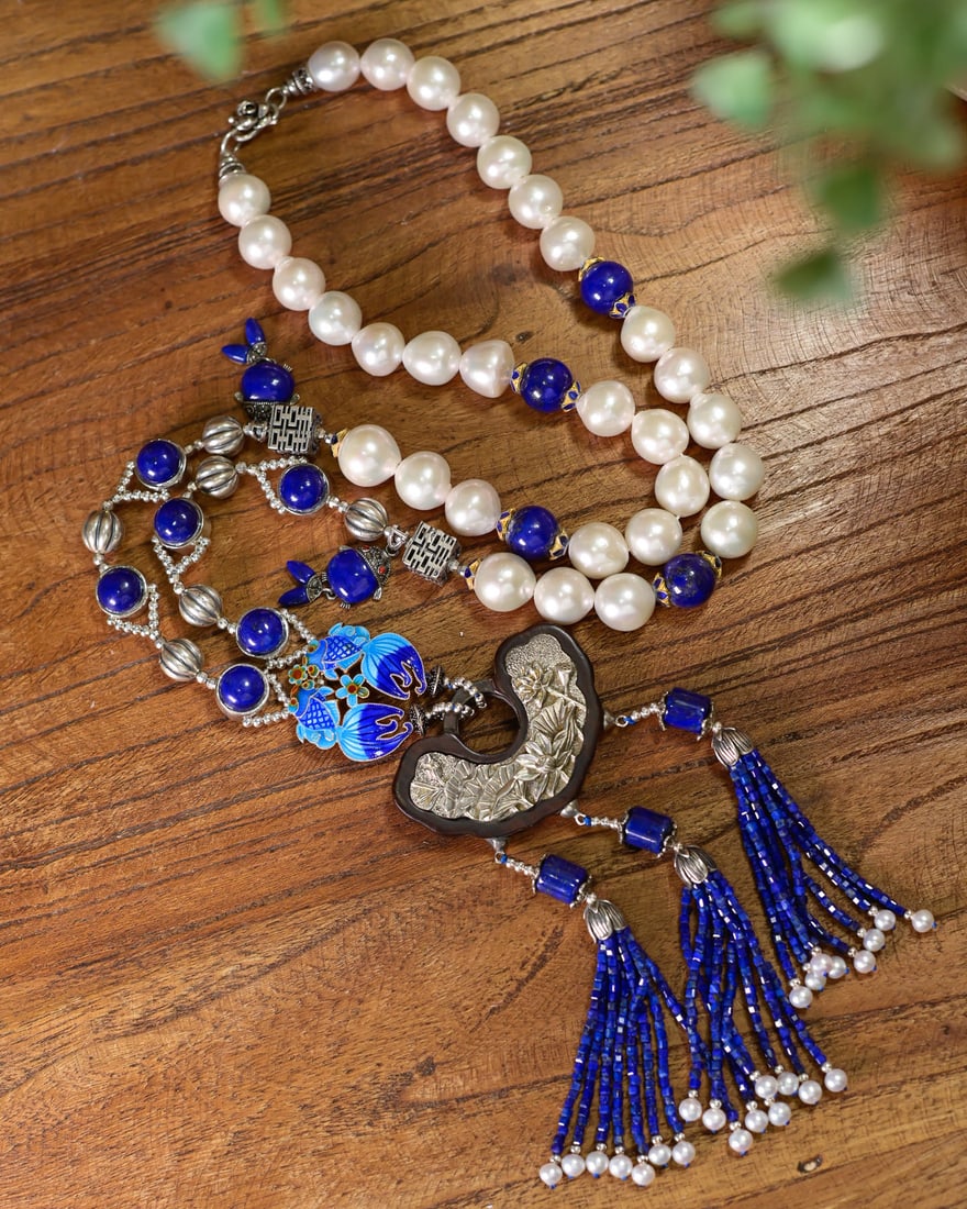 Silver Inlay Wood Ruyi Pendant & Lapis Lazuli Pearl Silver Necklace - 5