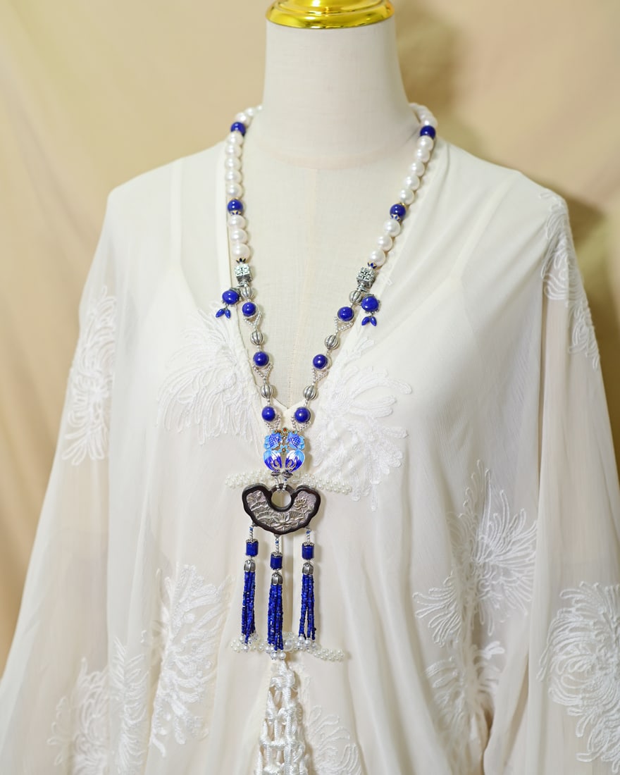 Silver Inlay Wood Ruyi Pendant & Lapis Lazuli Pearl Silver Necklace - 6