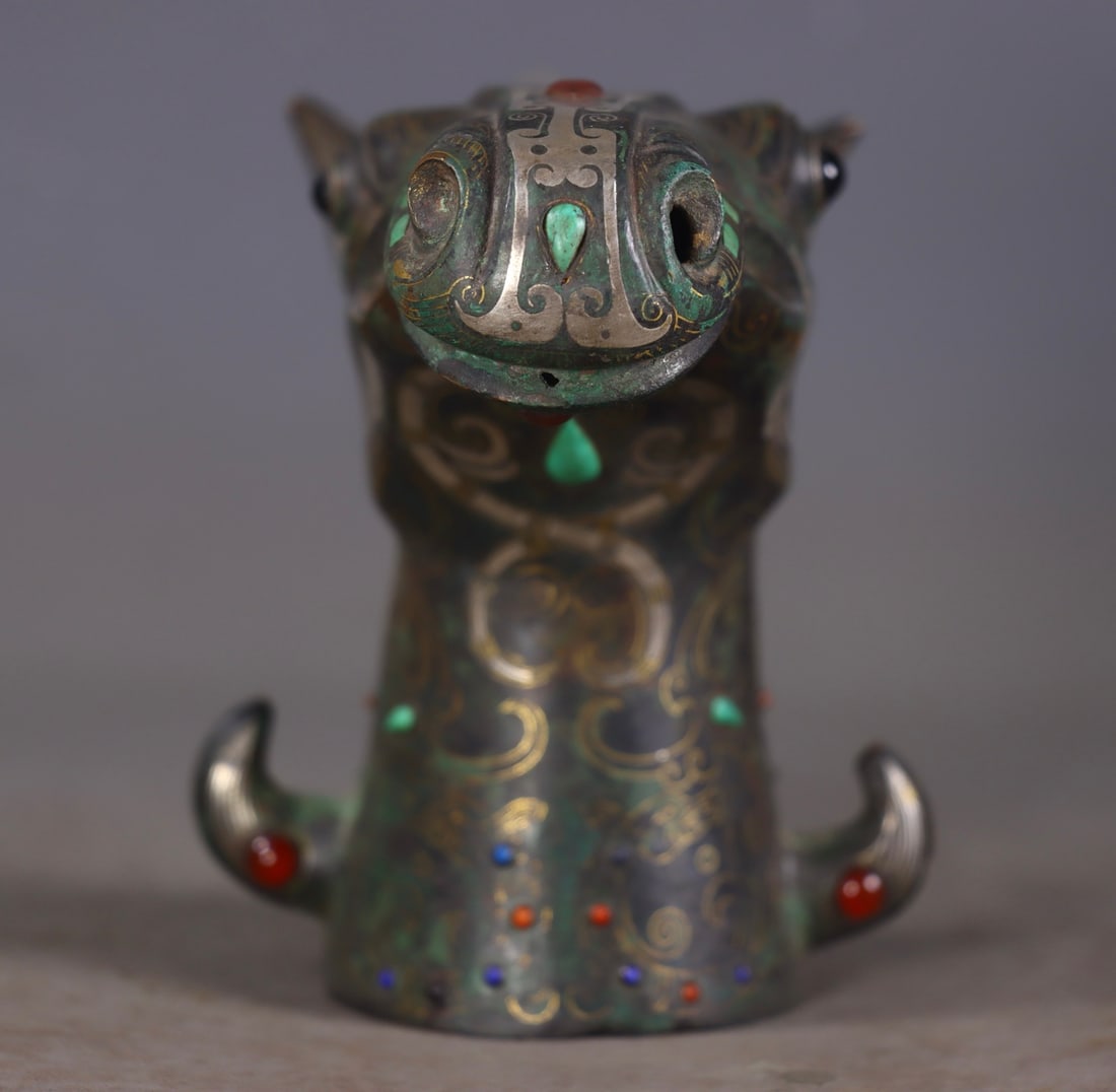 Vintage Bronze Inlay Gold Wire,Silver Wire,Gem Horse Statue - 3