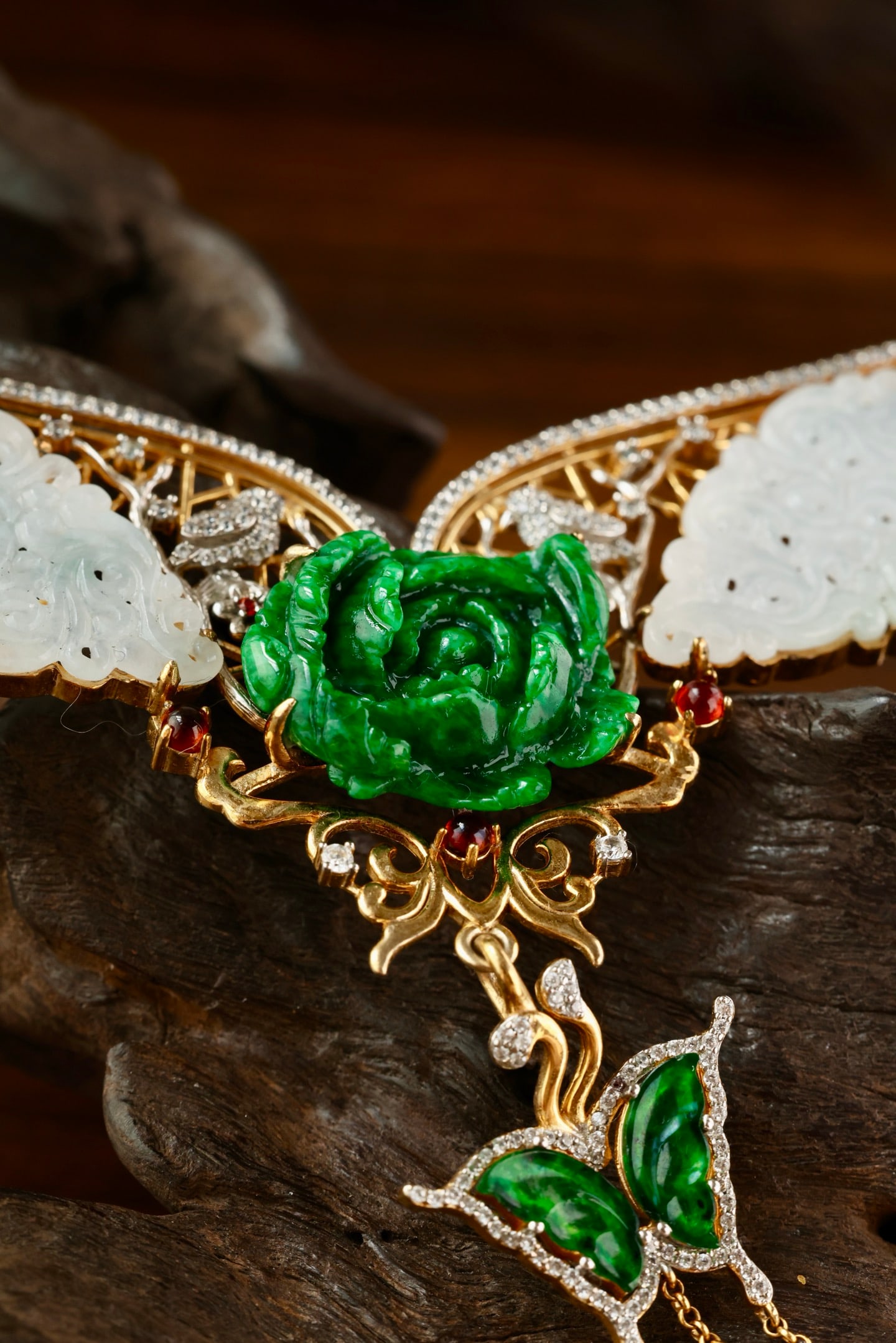Beautiful Silver Gilt Gold Inlay Jadeite Butterfly Pendant w Pearl Necklace - 5