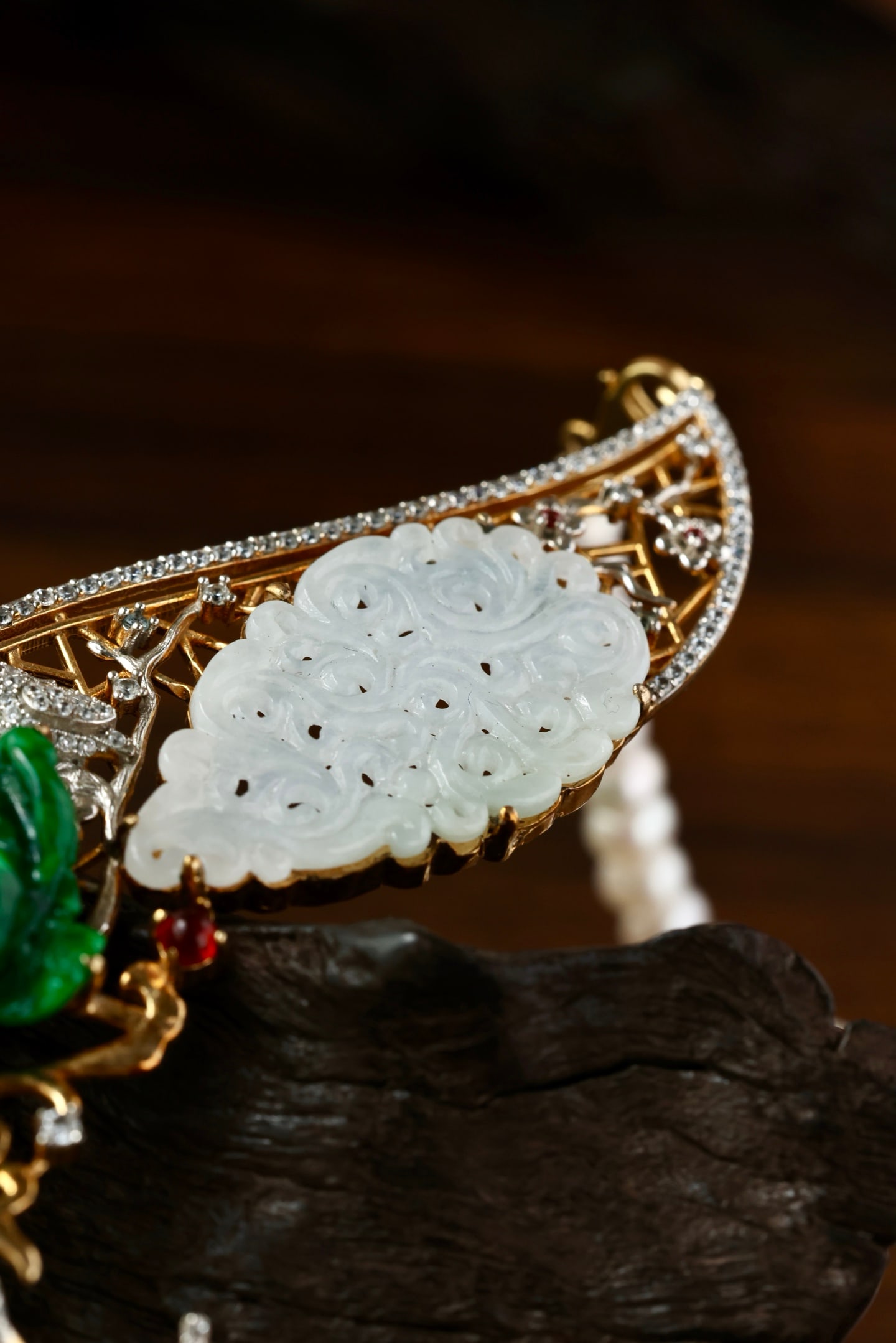 Beautiful Silver Gilt Gold Inlay Jadeite Butterfly Pendant w Pearl Necklace - 6