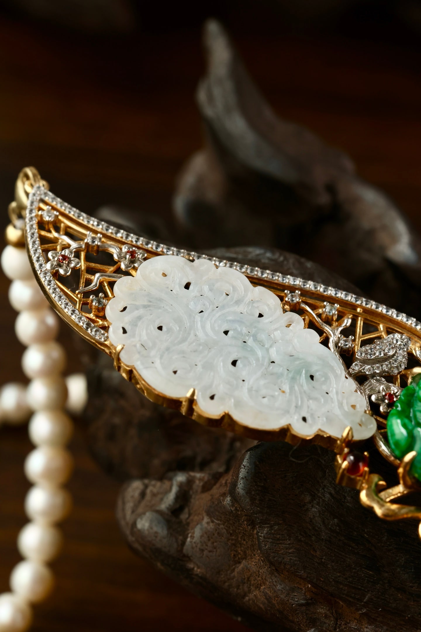 Beautiful Silver Gilt Gold Inlay Jadeite Butterfly Pendant w Pearl Necklace - 7