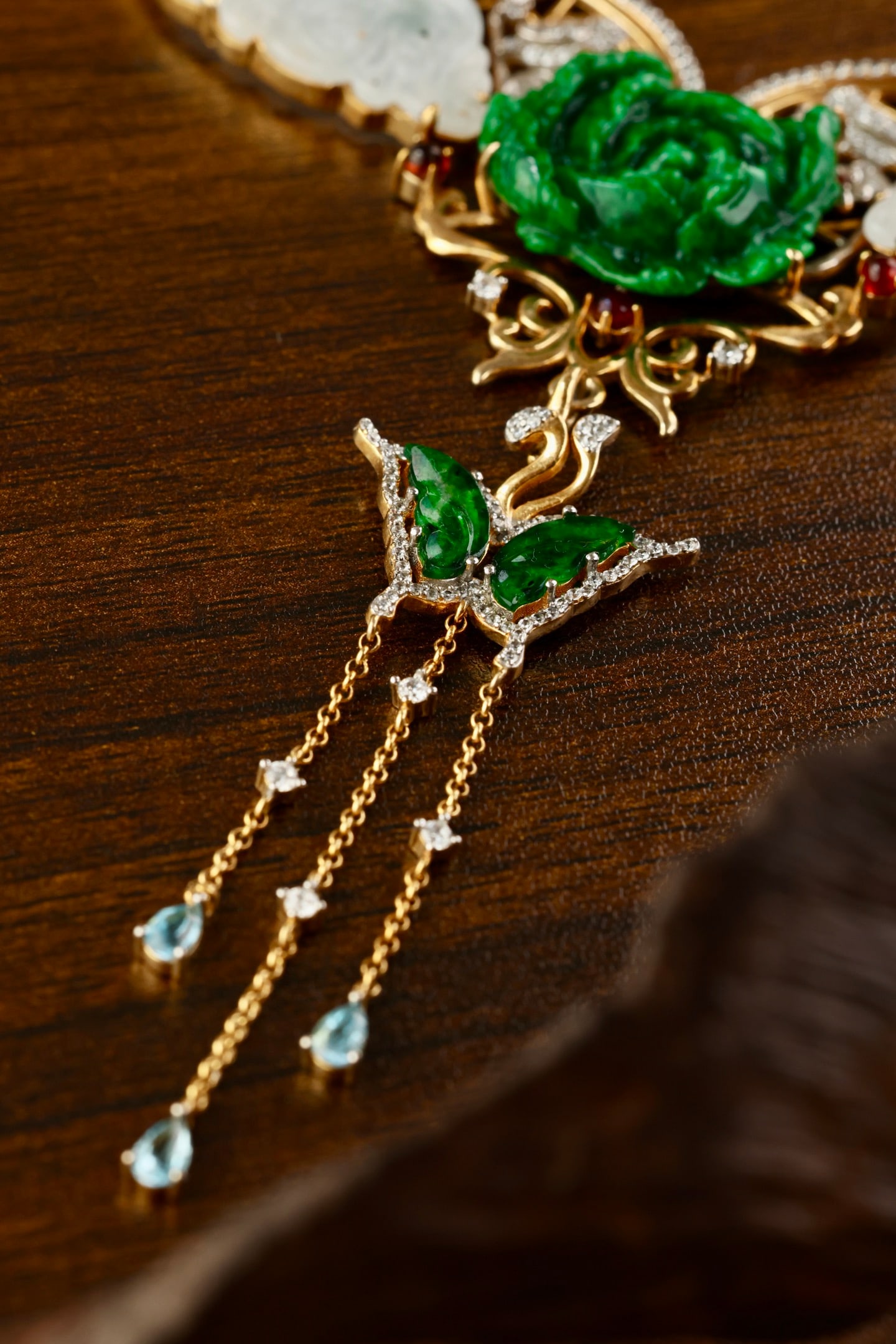 Beautiful Silver Gilt Gold Inlay Jadeite Butterfly Pendant w Pearl Necklace - 8