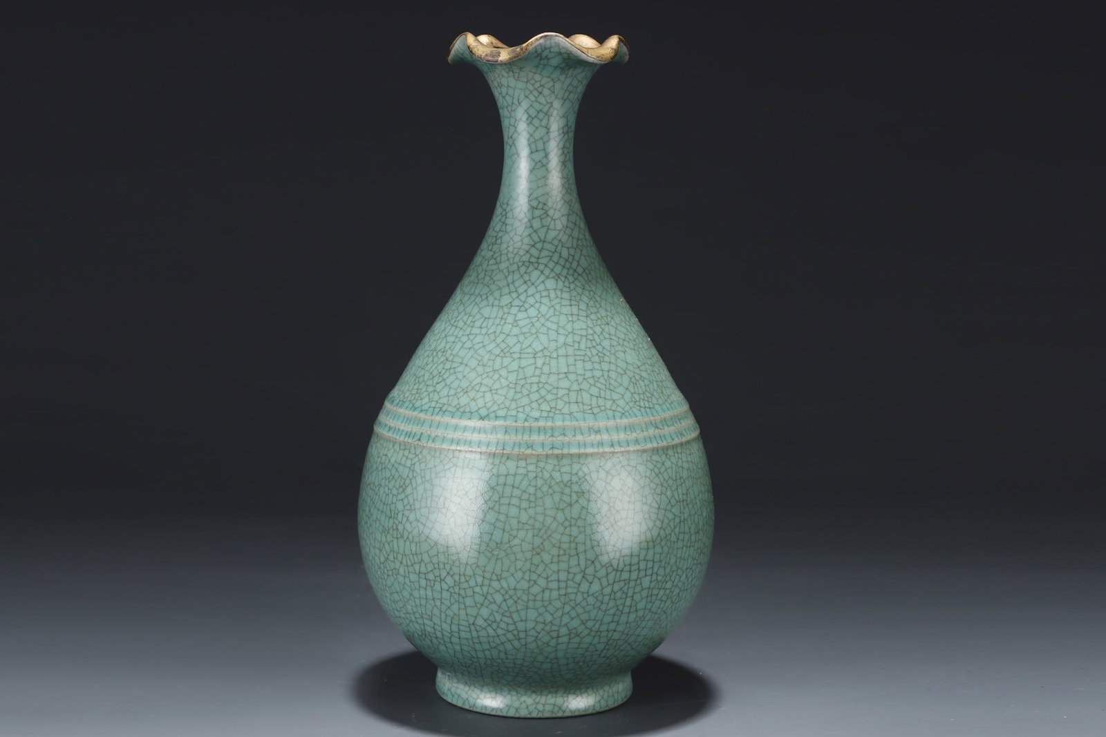 Old Inlay Gold Edge Ru Kiln Sky Blue Glaze Porcelain Vase w Box - 2