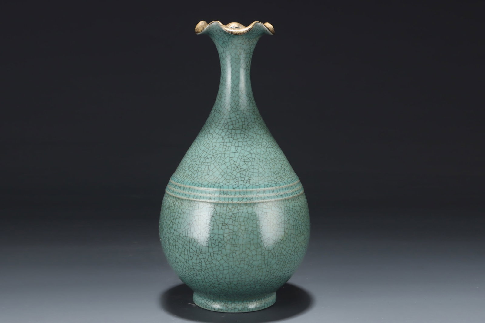 Old Inlay Gold Edge Ru Kiln Sky Blue Glaze Porcelain Vase w Box - 3