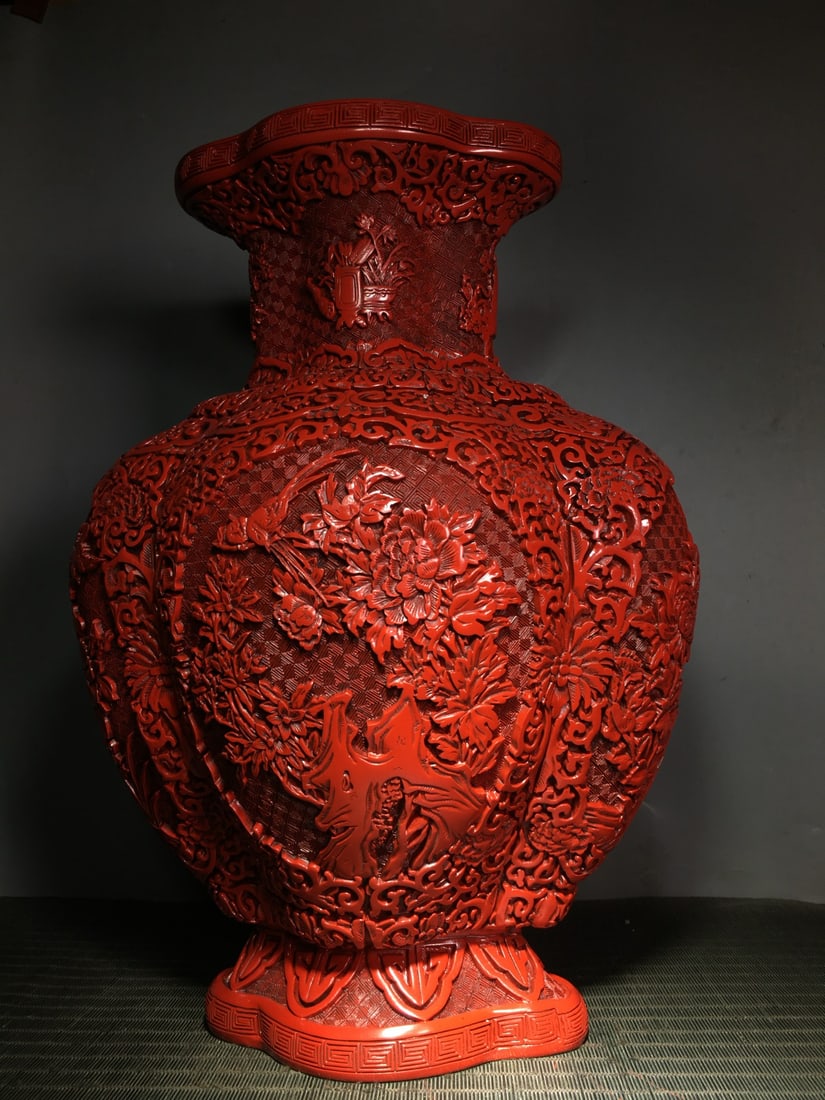 Vintage Red Lacquerware Carved Flower Vase - 6