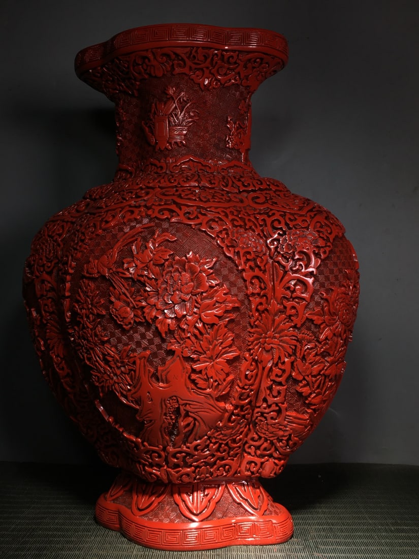 Vintage Red Lacquerware Carved Flower Vase - 7