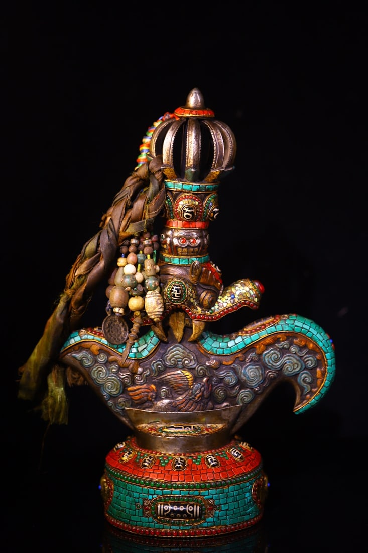 Old Tibetan Iron Inlay Shell,DZI Agate Axe Statue - 3