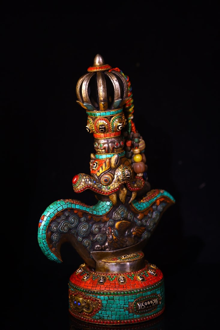 Old Tibetan Iron Inlay Shell,DZI Agate Axe Statue - 4