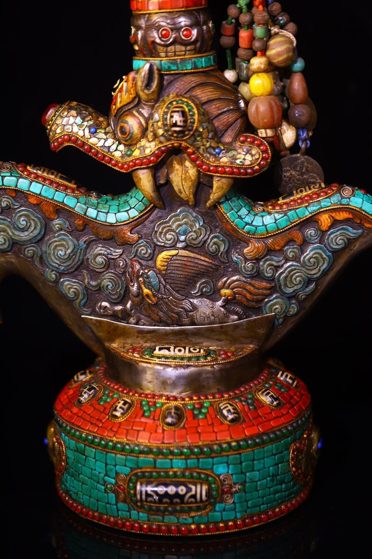 Old Tibetan Iron Inlay Shell,DZI Agate Axe Statue - 6