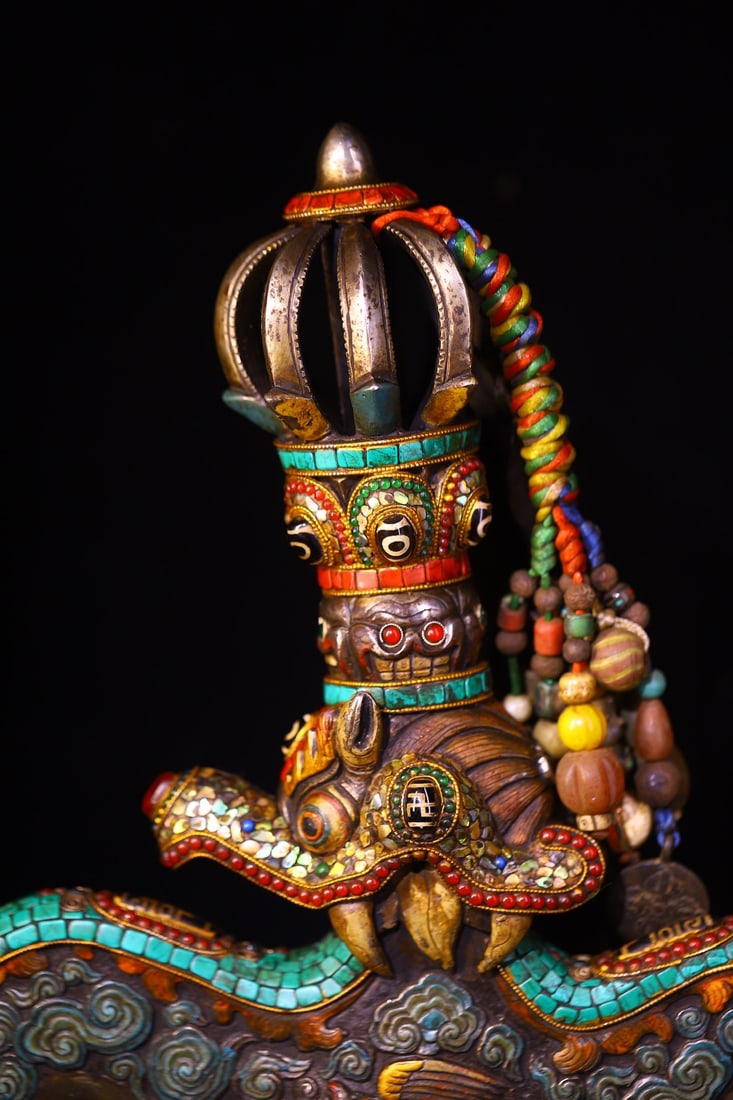 Old Tibetan Iron Inlay Shell,DZI Agate Axe Statue - 7
