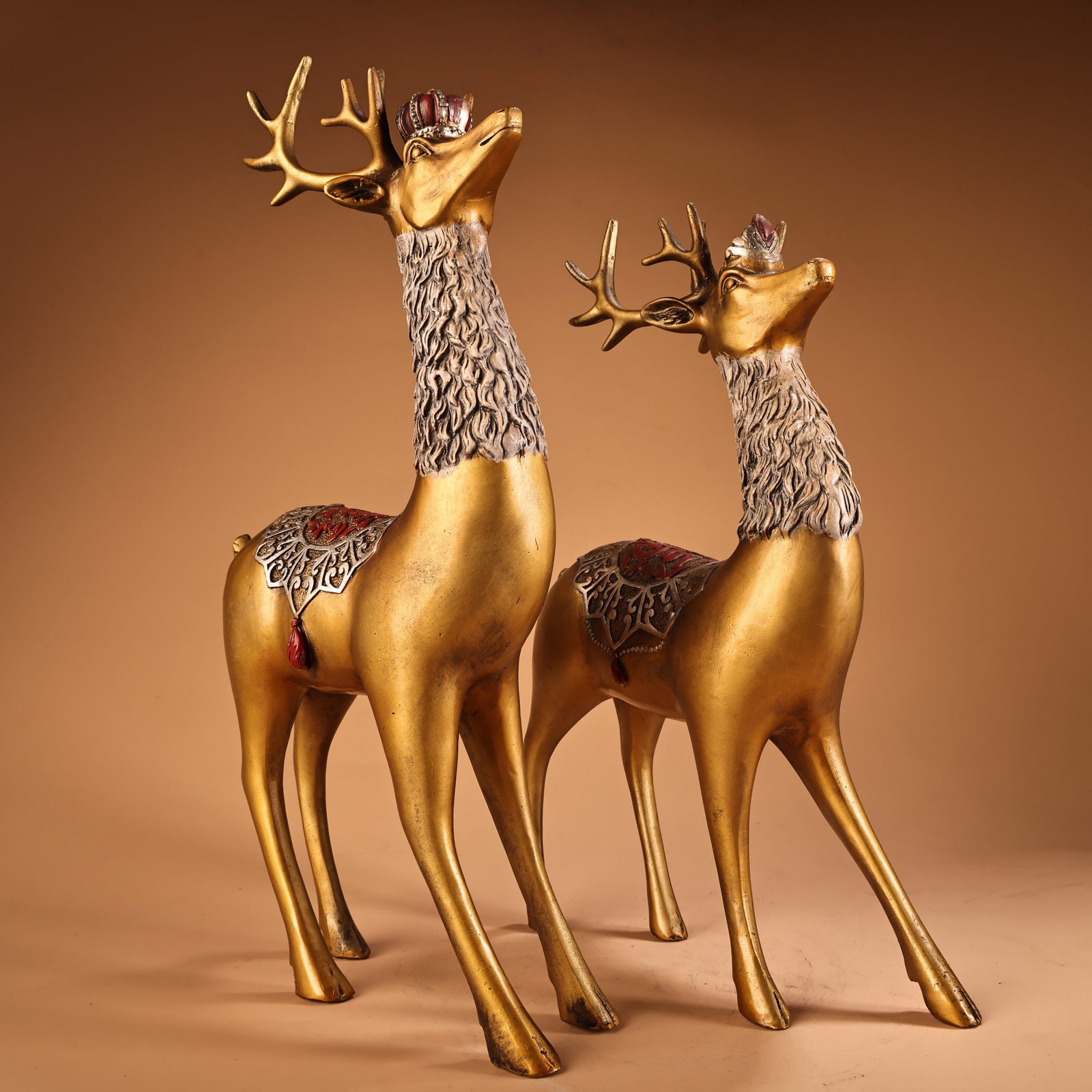 A Pair Gilt Gold Bronze Deer Statue - 2