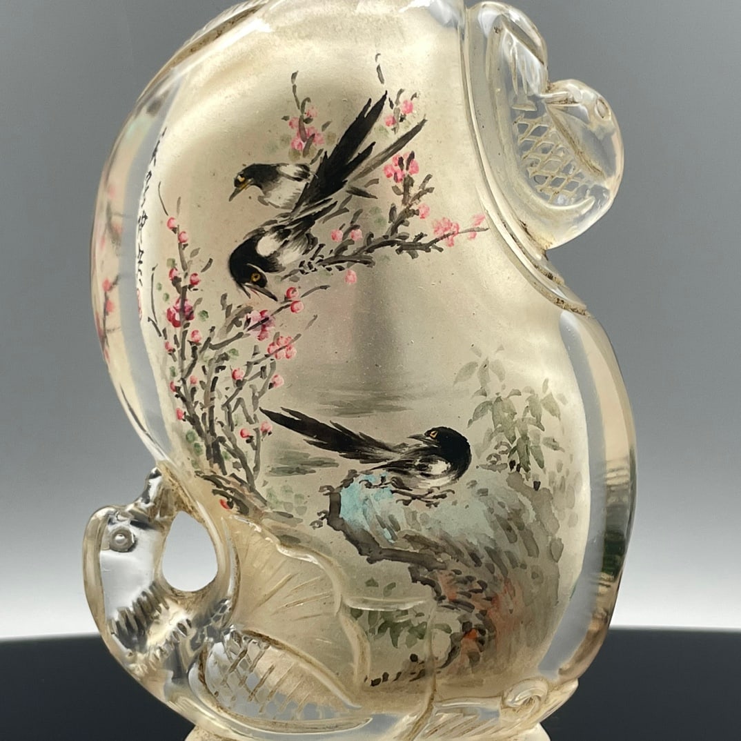Old Peking Glass Inside Painting Magpie Plum blossom Design Snuff Bottle - 2