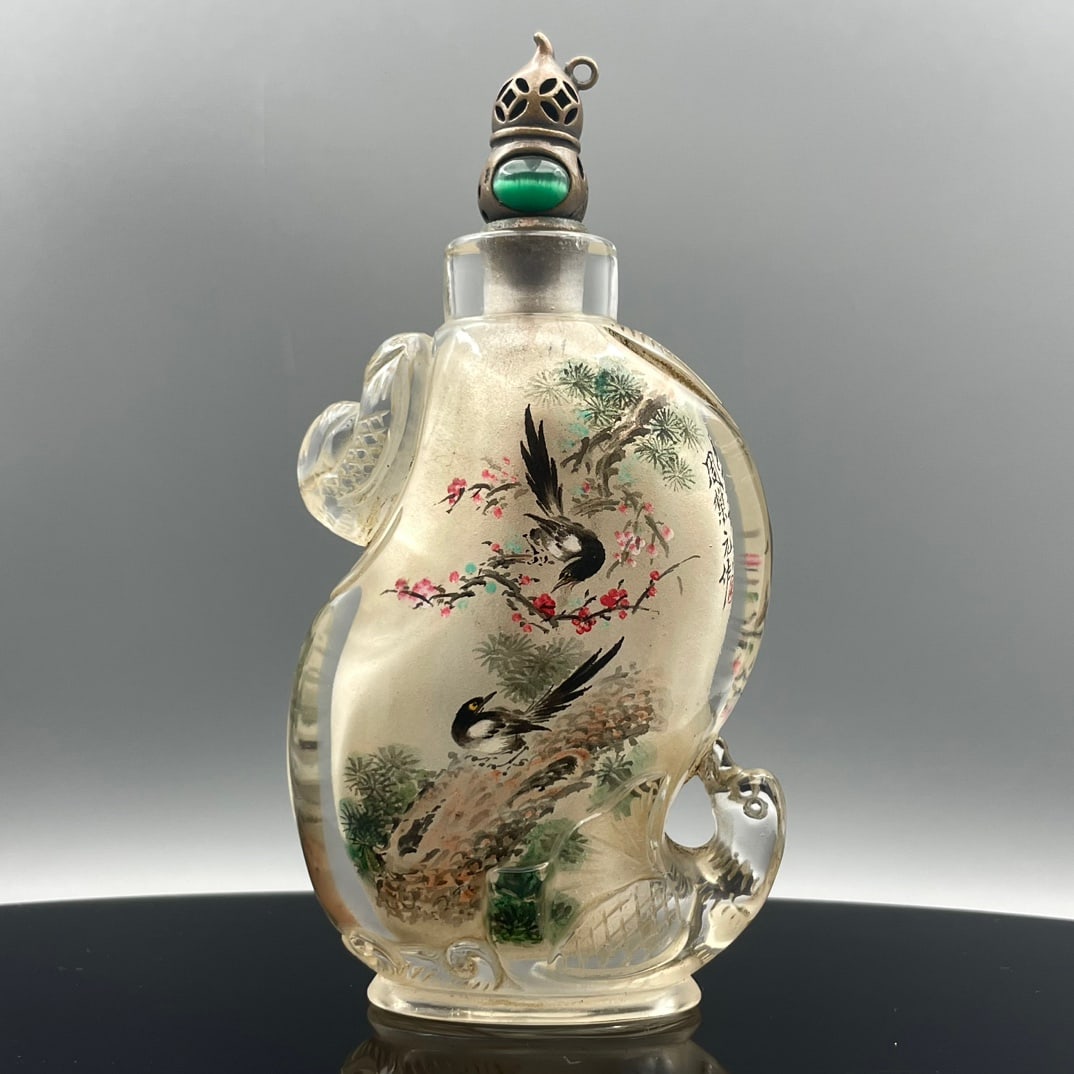 Old Peking Glass Inside Painting Magpie Plum blossom Design Snuff Bottle - 4