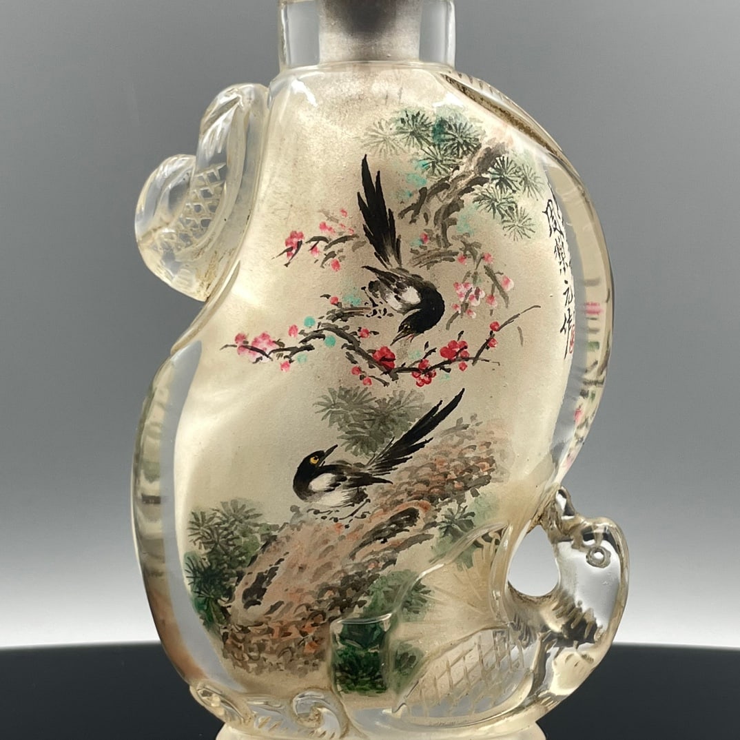 Old Peking Glass Inside Painting Magpie Plum blossom Design Snuff Bottle - 5
