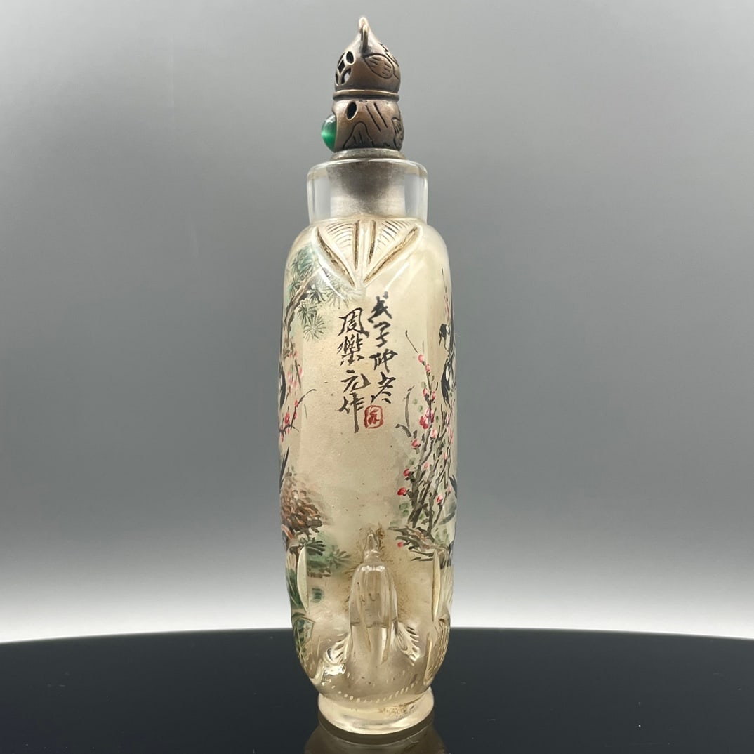 Old Peking Glass Inside Painting Magpie Plum blossom Design Snuff Bottle - 6