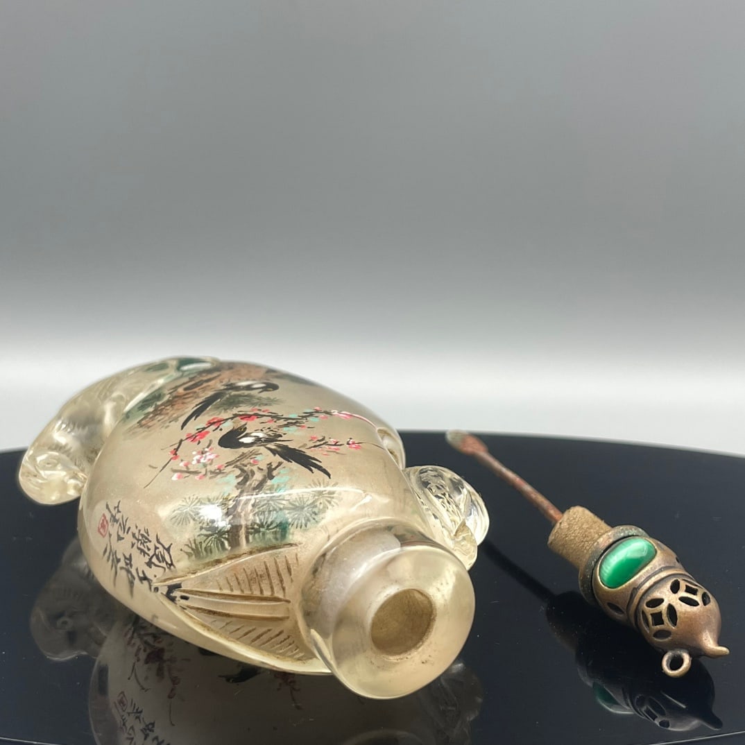 Old Peking Glass Inside Painting Magpie Plum blossom Design Snuff Bottle - 7