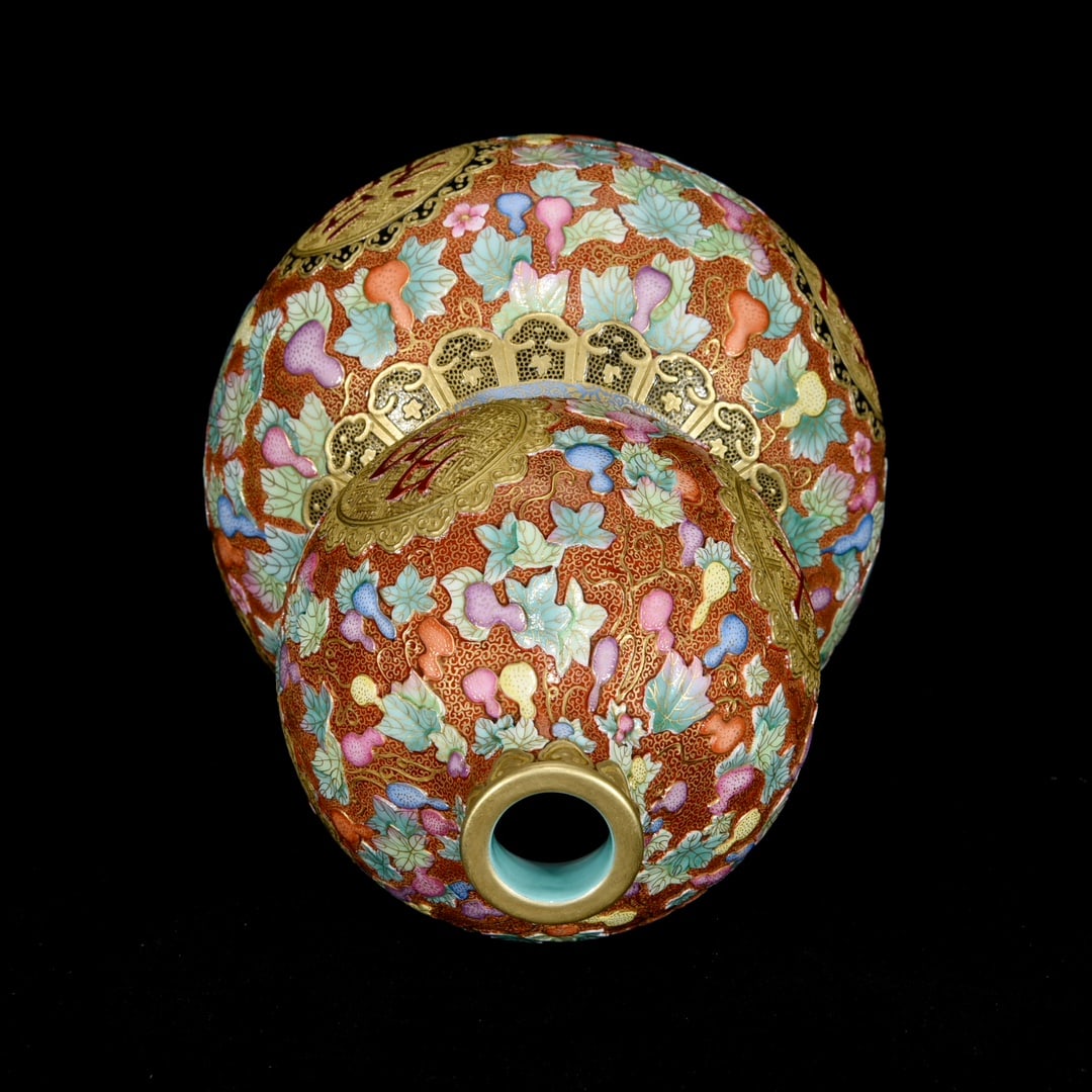 Gilt Gold Famille Rose Gourd Porcelain Vase w Qianlong Mark - 8