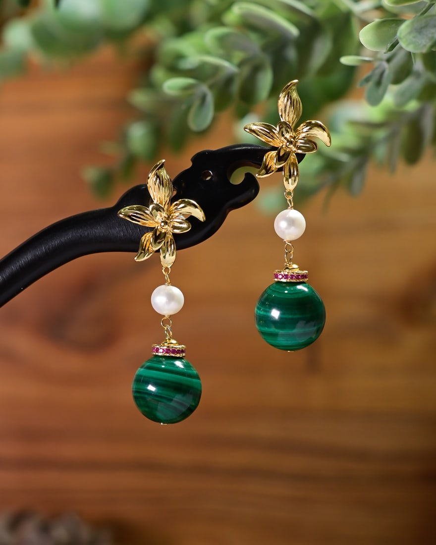 A Pair Silver Inlay Malachite Earrings - 4