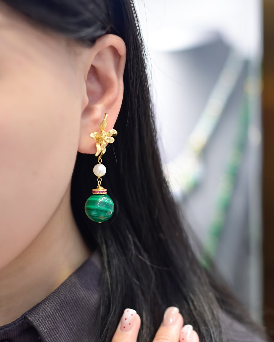 A Pair Silver Inlay Malachite Earrings - 5
