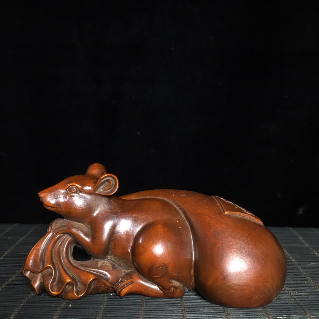 Old Boxwood Wood Fortune Mouse Statue - 6