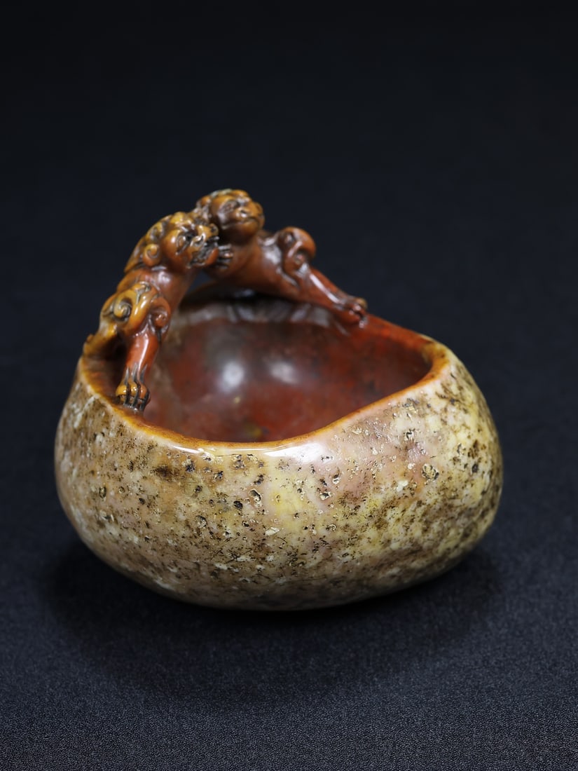 Old Shoushan Stone Hand Carved Chi Dragon Brush Washer - 2