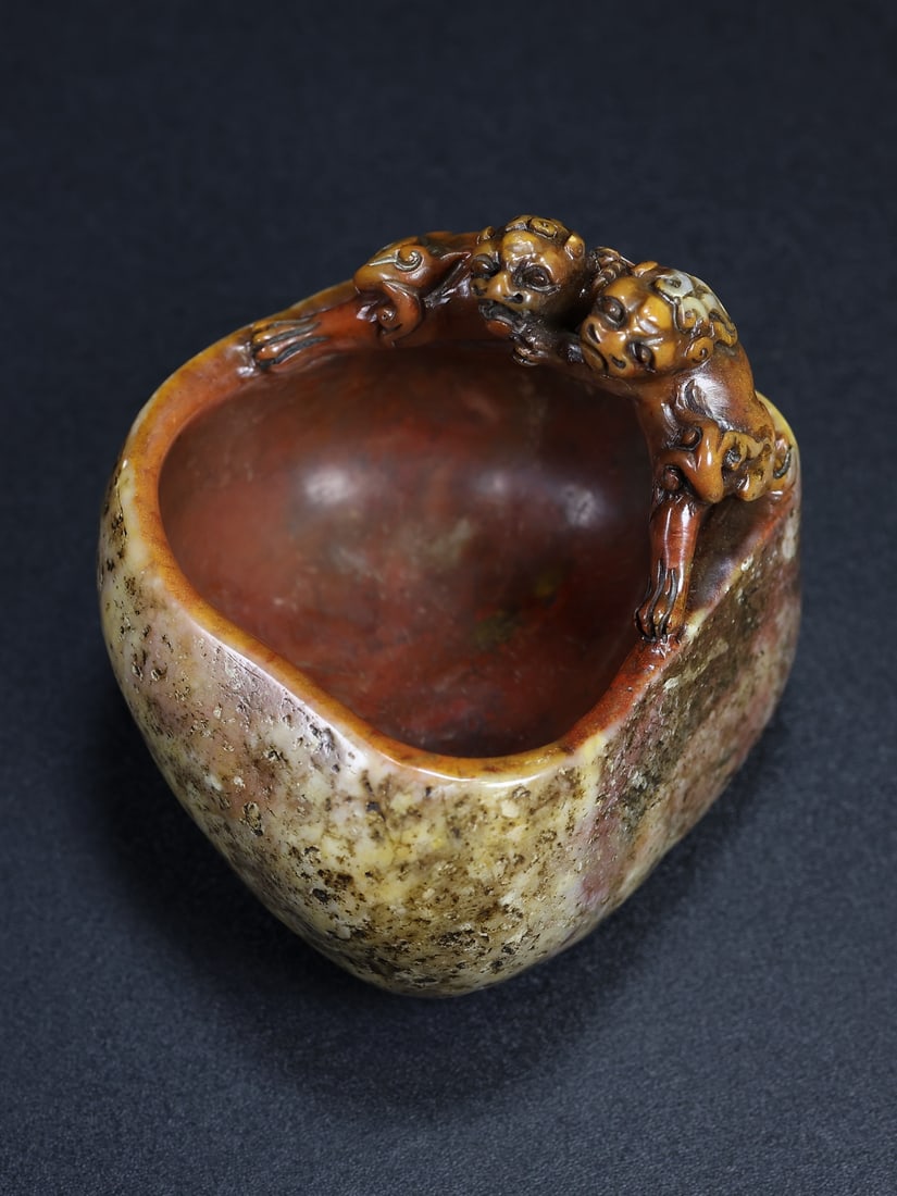 Old Shoushan Stone Hand Carved Chi Dragon Brush Washer - 3