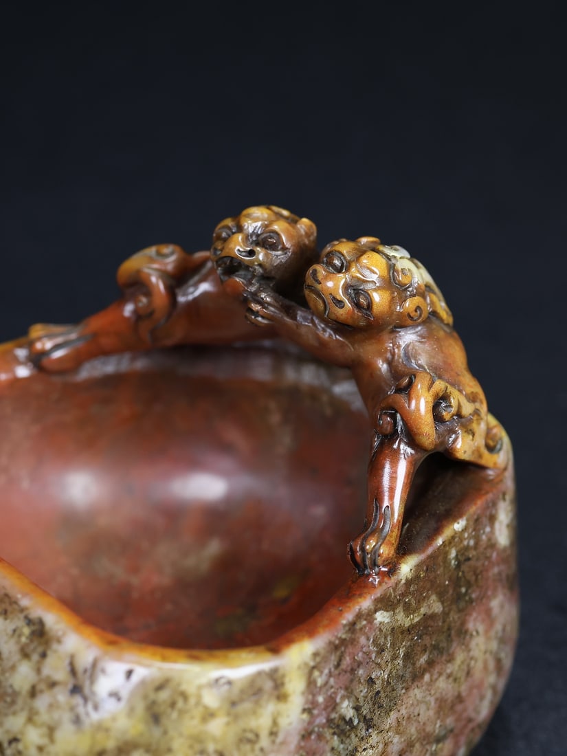 Old Shoushan Stone Hand Carved Chi Dragon Brush Washer - 4