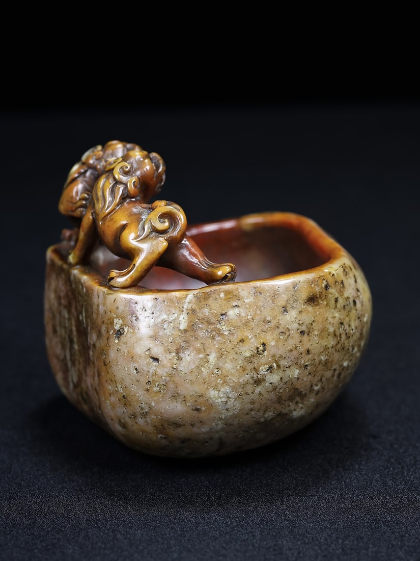 Old Shoushan Stone Hand Carved Chi Dragon Brush Washer - 5
