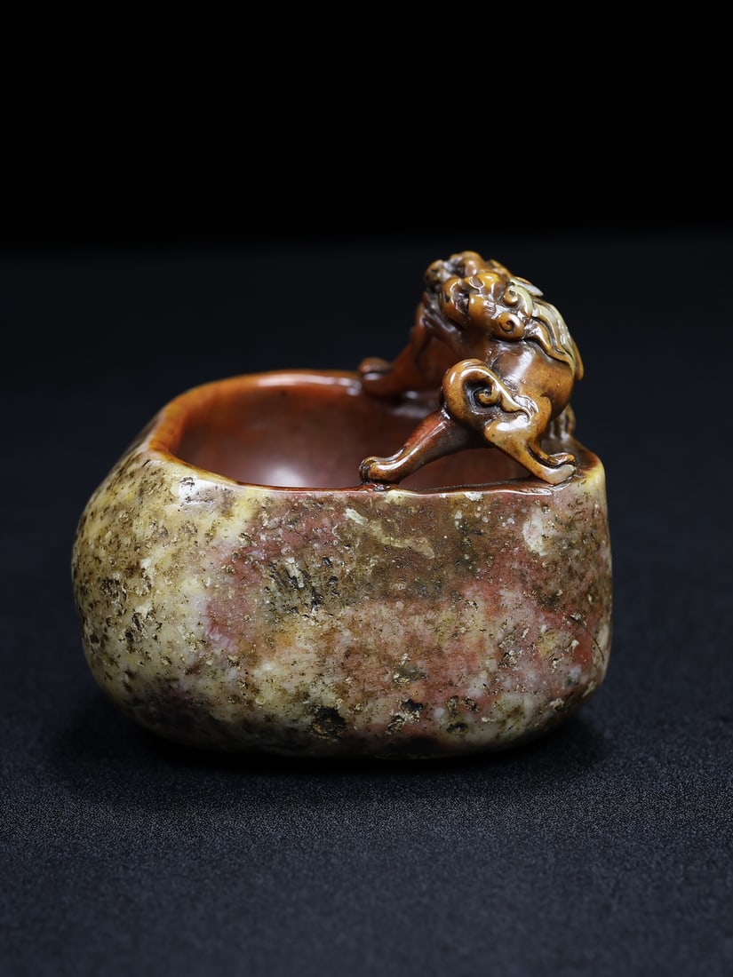 Old Shoushan Stone Hand Carved Chi Dragon Brush Washer - 6