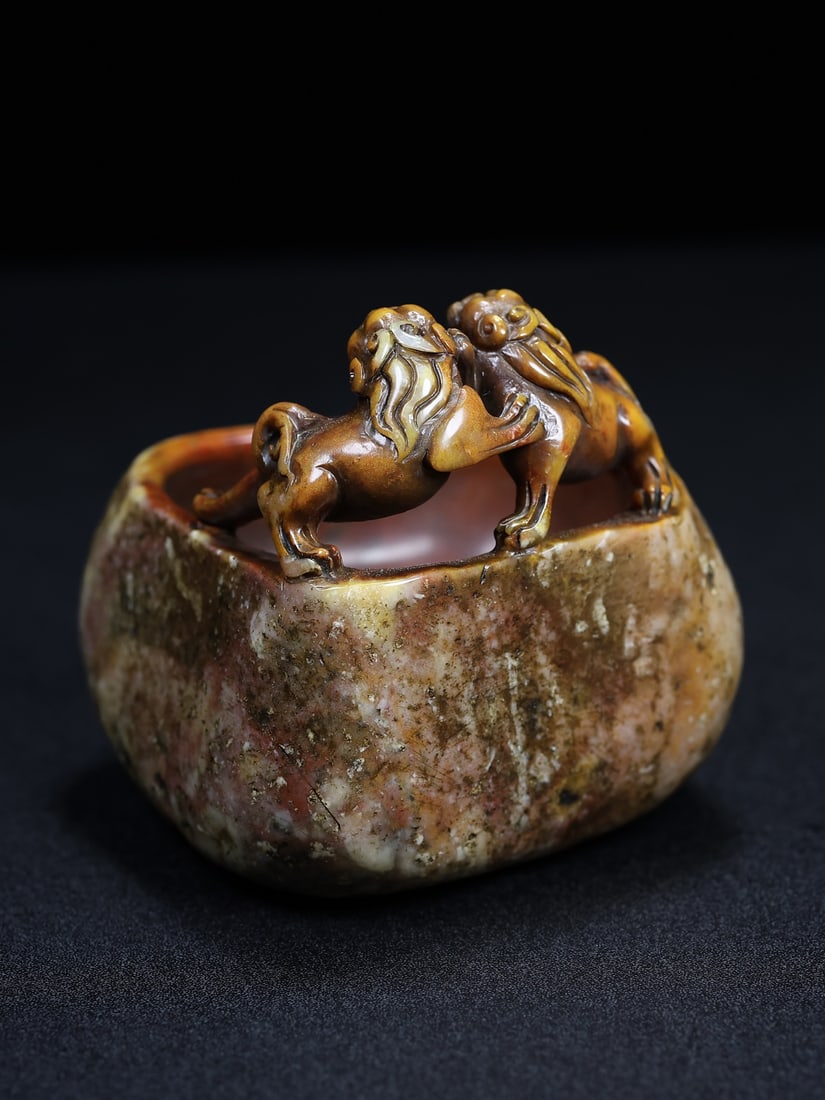 Old Shoushan Stone Hand Carved Chi Dragon Brush Washer - 7