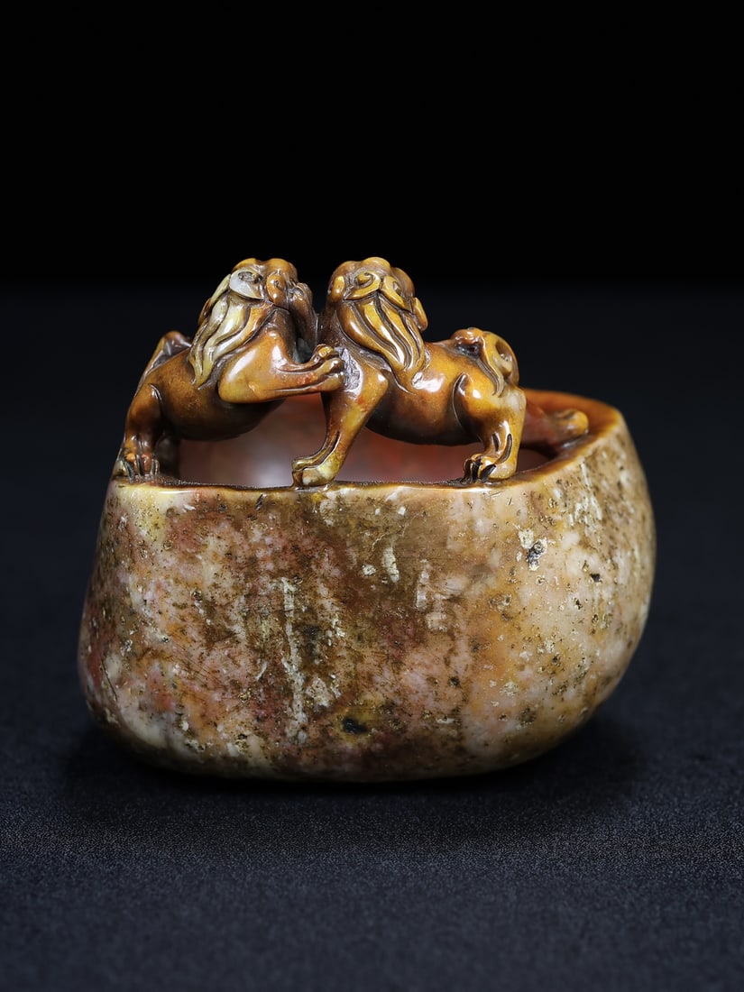 Old Shoushan Stone Hand Carved Chi Dragon Brush Washer - 8