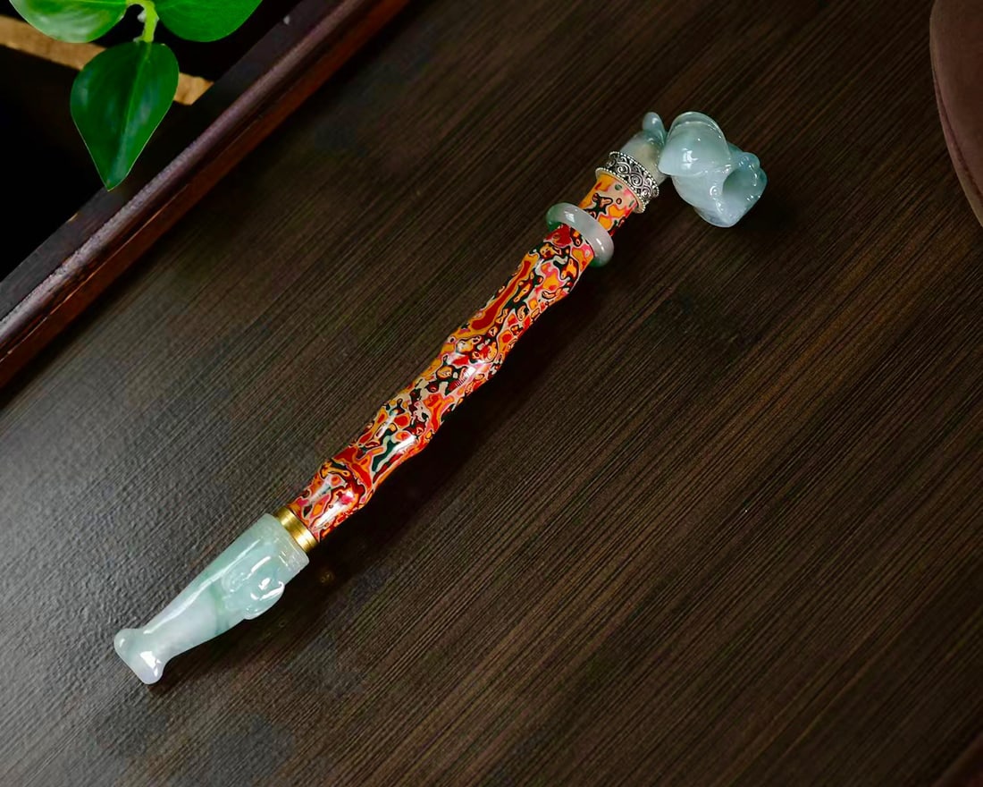 Jadeite Inlay Lacquerware Tobacco Pipe - 2