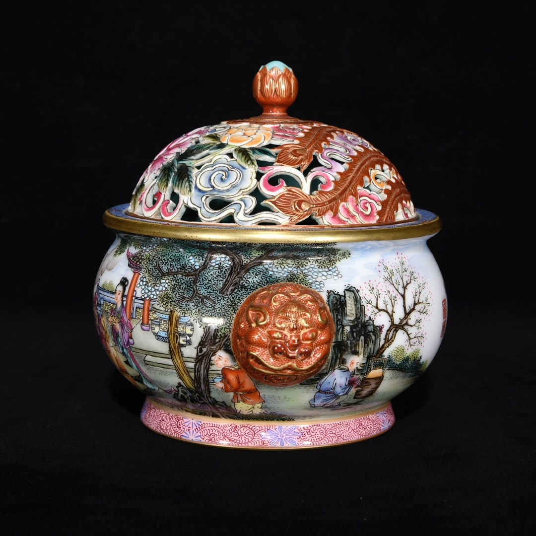 Vintage Gilt Gold Famille Rose Figure Design Porcelain Incense Burner - 2