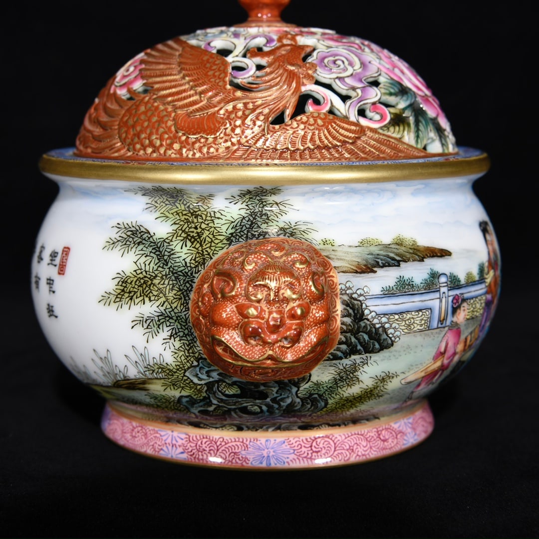 Vintage Gilt Gold Famille Rose Figure Design Porcelain Incense Burner - 4