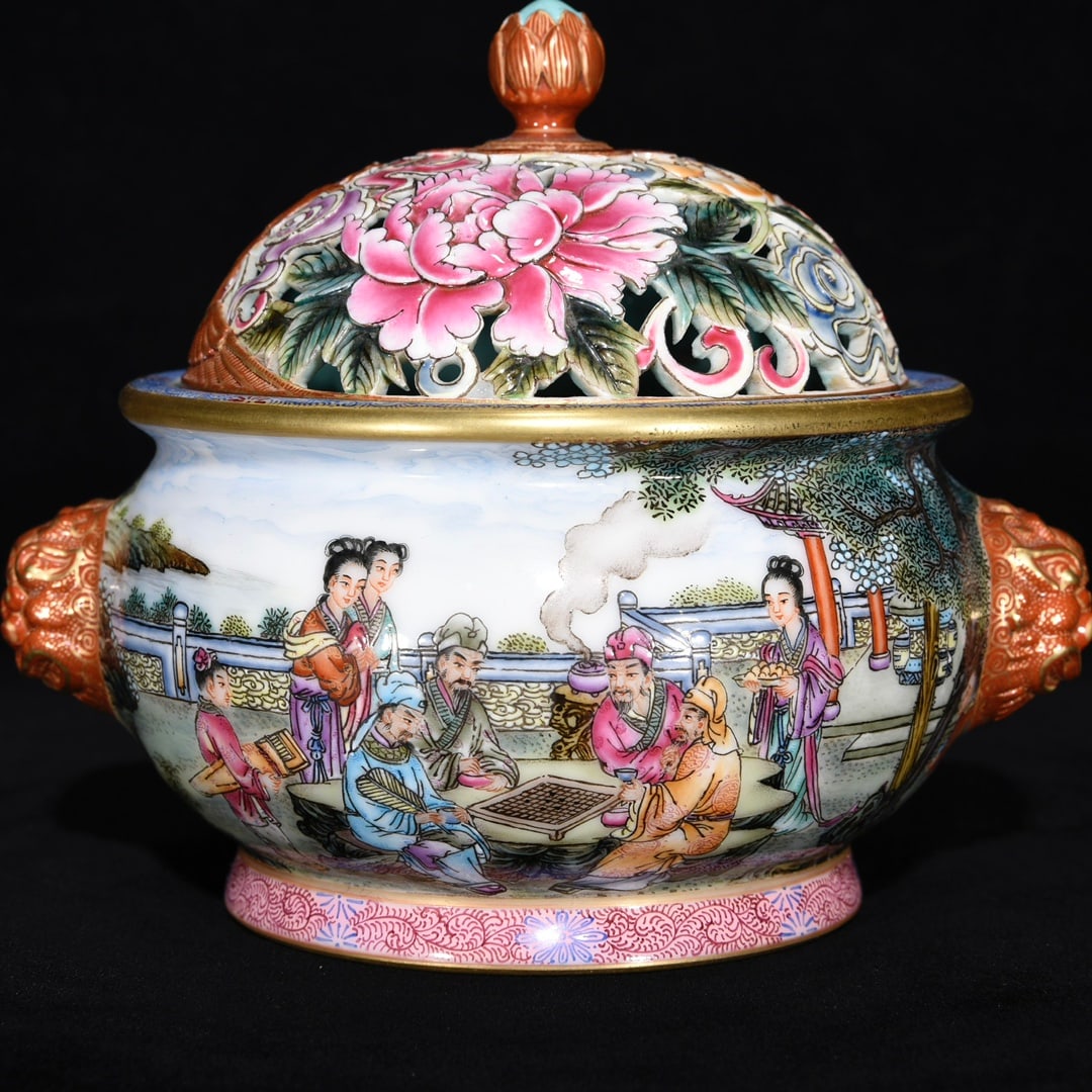 Vintage Gilt Gold Famille Rose Figure Design Porcelain Incense Burner - 5