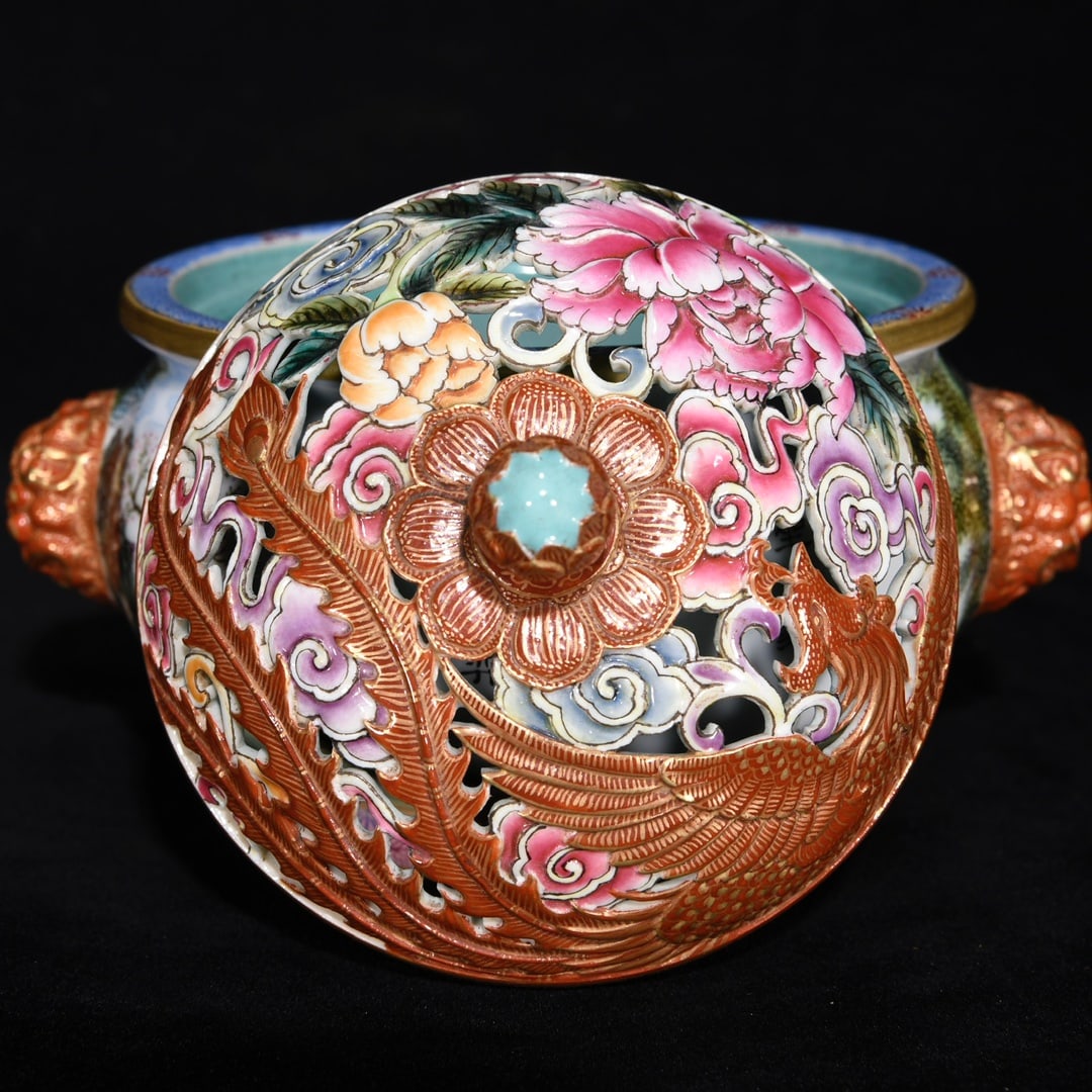 Vintage Gilt Gold Famille Rose Figure Design Porcelain Incense Burner - 7