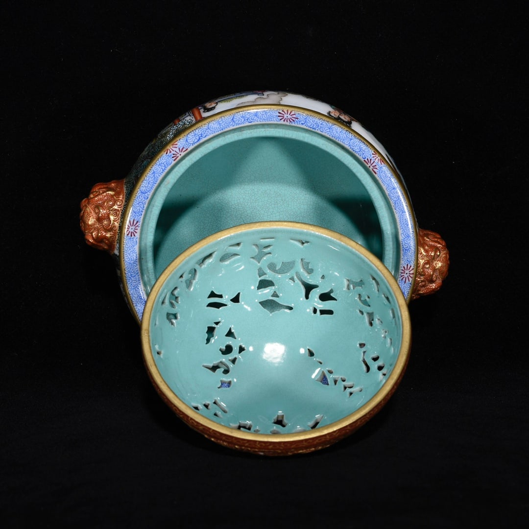 Vintage Gilt Gold Famille Rose Figure Design Porcelain Incense Burner - 8